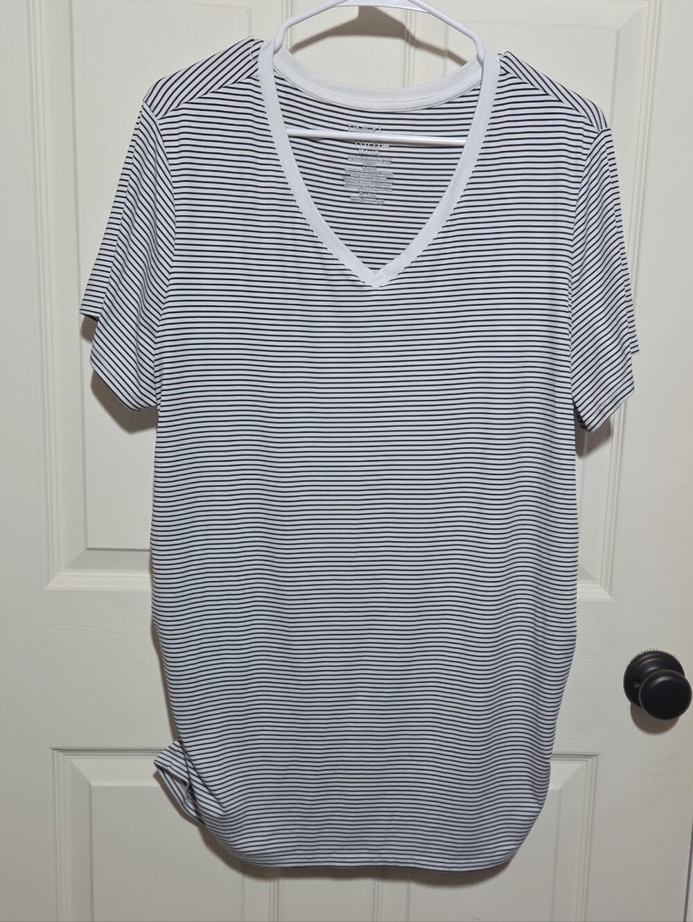 black and white striped maternity v-neck tee